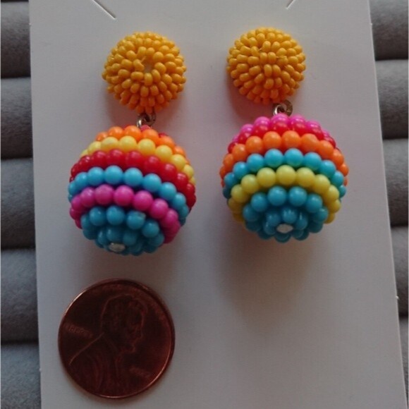 Seed Beaded Ball Drop Earrings - yellow/red/bluecolor combo - Picture 4 of 6